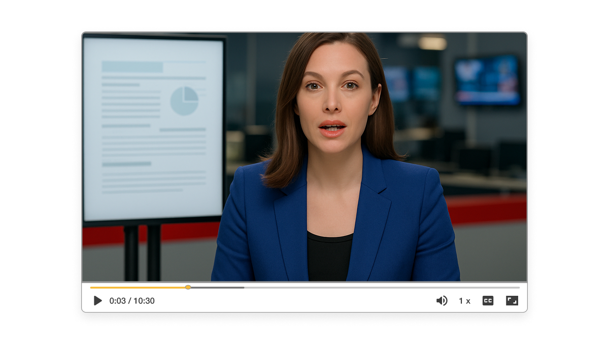 PDF to news video created by AI showing a presenter turning document content into a news segment